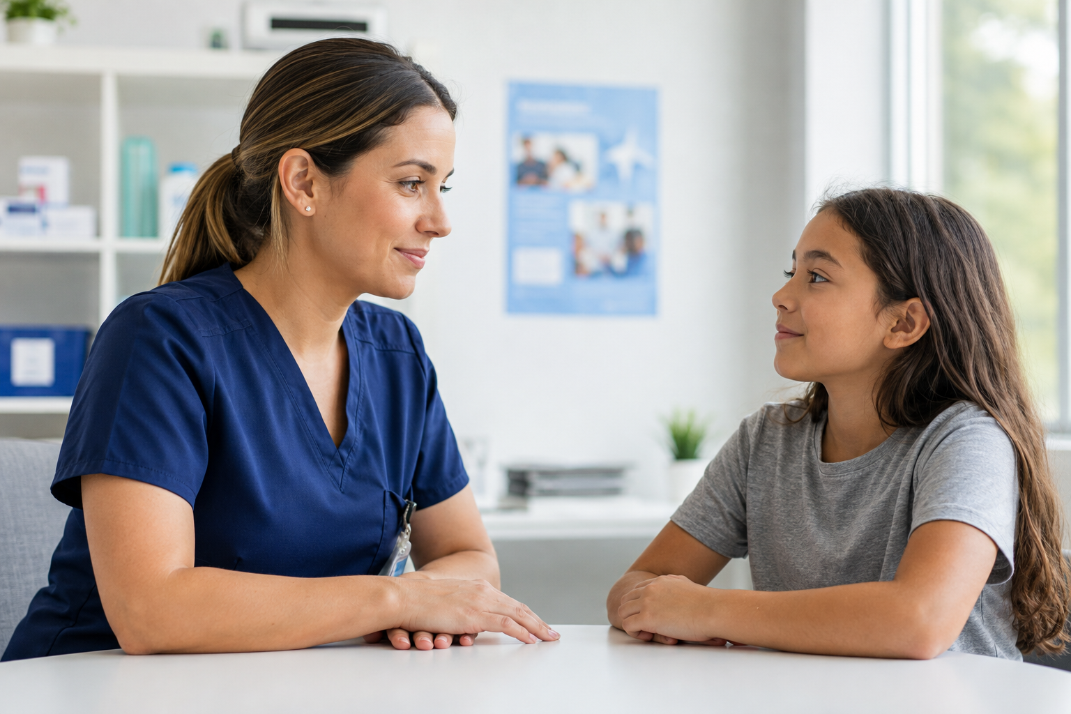 Profesional de enfermería escolar conversando con una estudiante